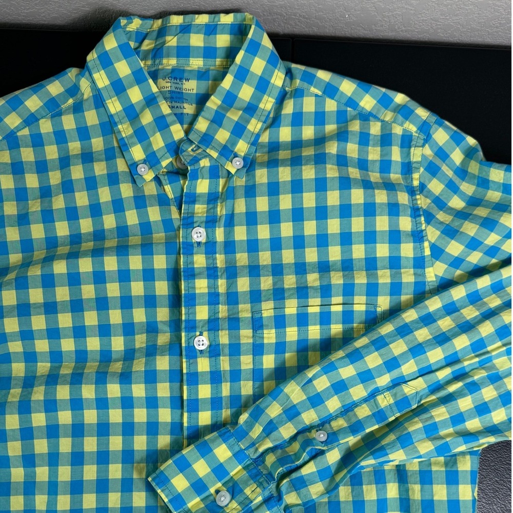 J.Crew Mens‎ Slim Fit Gingham Checkered Lightweight Cotton Shirt Blue Yellow